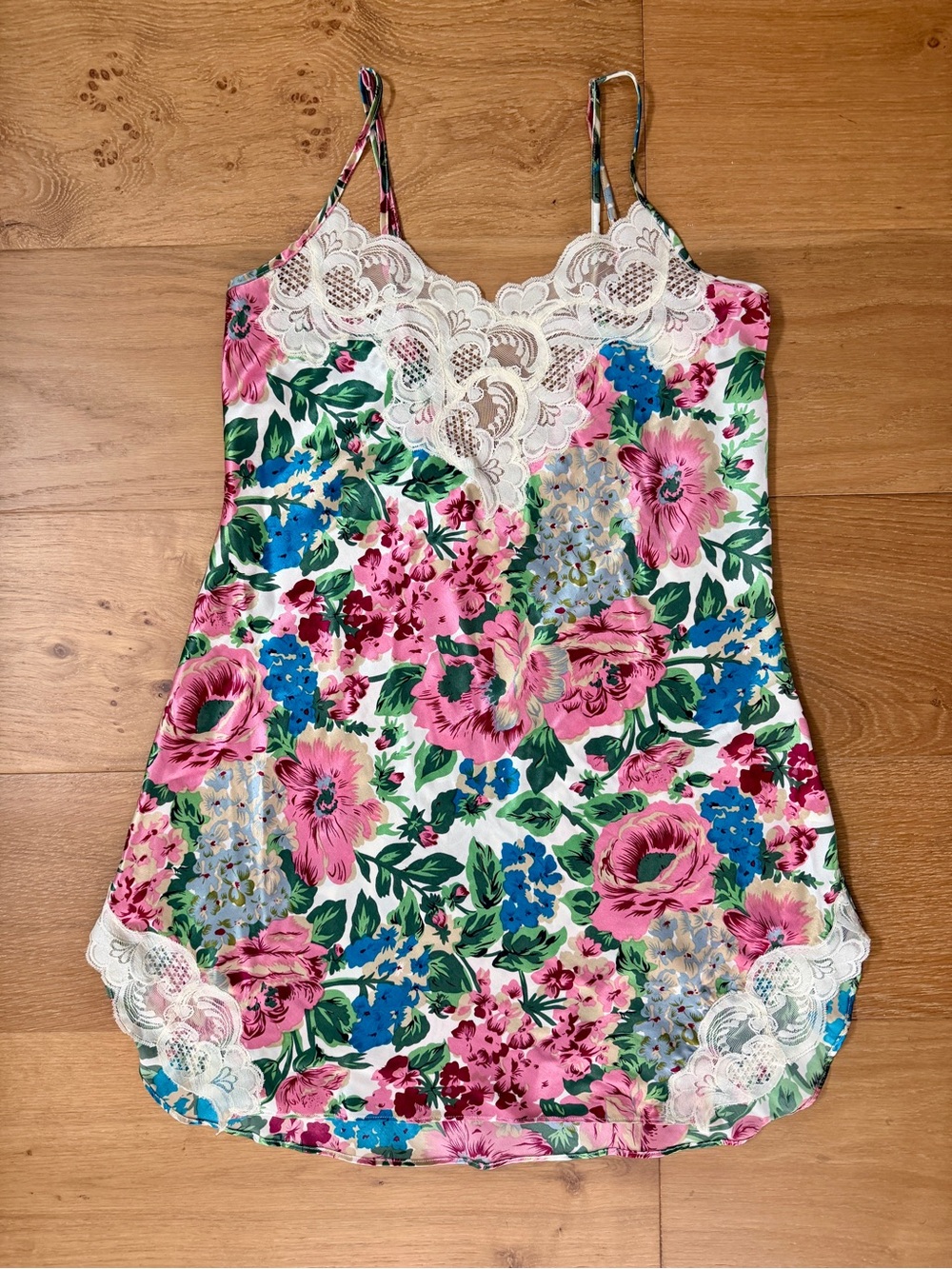 VTG 80s Victoria Secret Gold Label Floral Satin Lace Mini Slip Dress Nightgown M